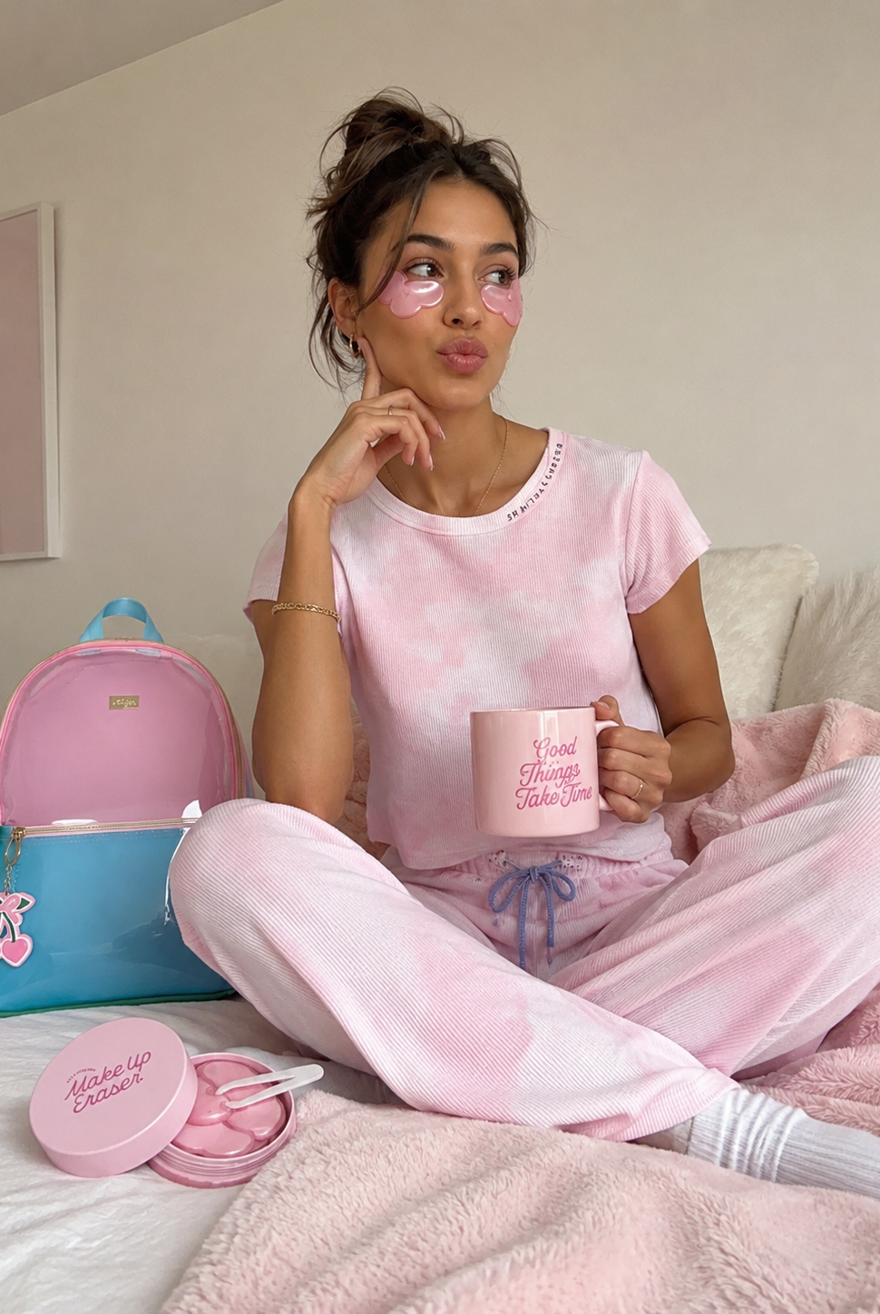 PJ Salvage Pink Lounge Set, Makeup Eraser Eye Masks & Packed Party Backpack | Spoiled Brat
