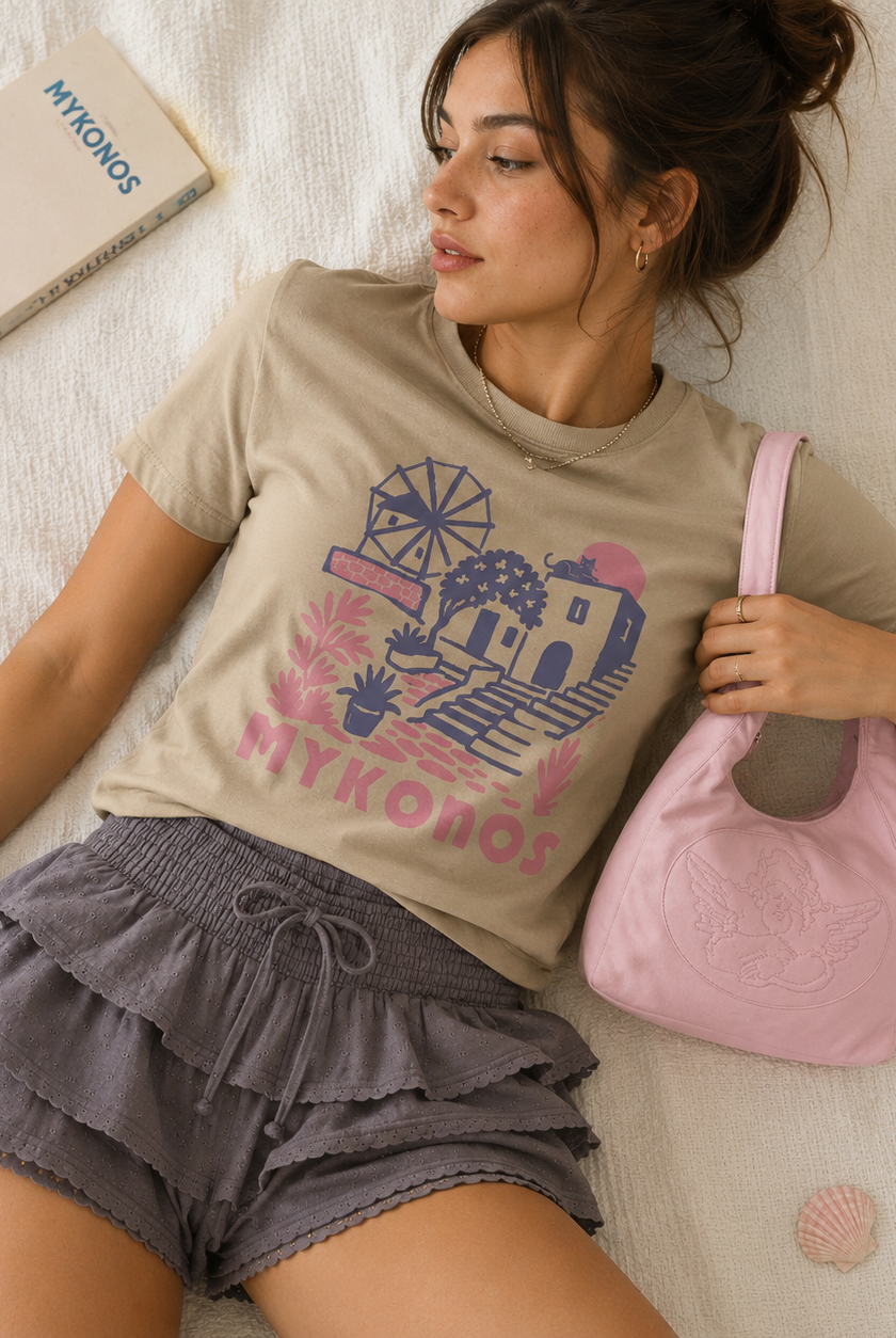Mykonos-Inspired Summer Outfit | Junk Food Tee, Daisy Street Shorts & Boys Lie Tote Bag
