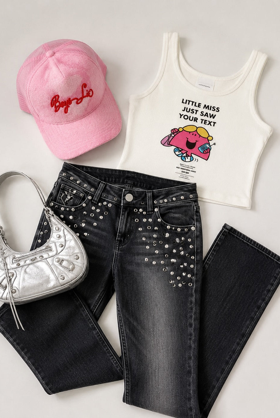 Discover the ultimate Y2K cool-girl outfit featuring The Ragged Priest studded jeans, The Laundry Room tank and a pink Boys Lie hat. Shop the look at SpoiledBrat.