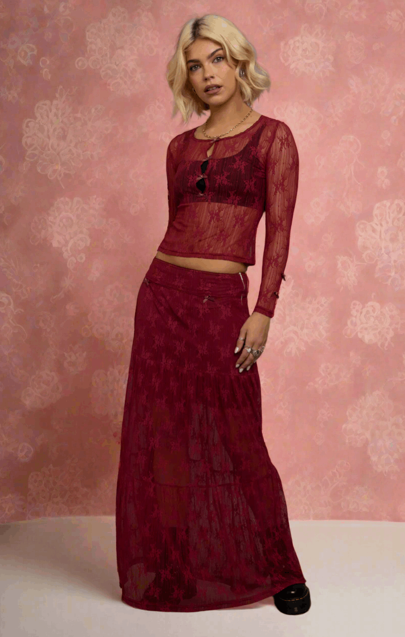 Daisy Street Red Lace Maxi Skirt with Bows Maxi Skirt by Daisy Street as seen on celebrities