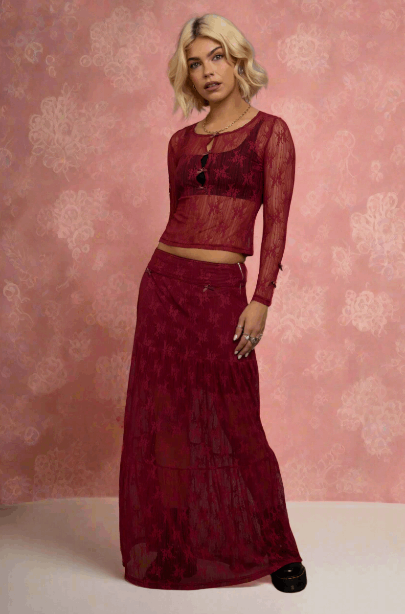 Daisy Street Red Lace Maxi Skirt with Bows Maxi Skirt by Daisy Street as seen on celebrities