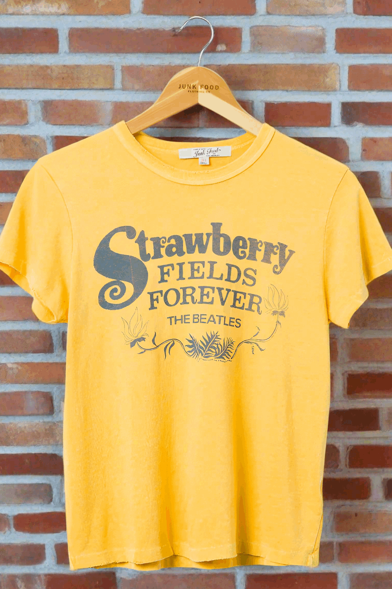 Junk Food Strawberry Fields The Beatles T-Shirt as seen on Sabrina Carpenter T-Shirt by Junk Food as seen on celebrities