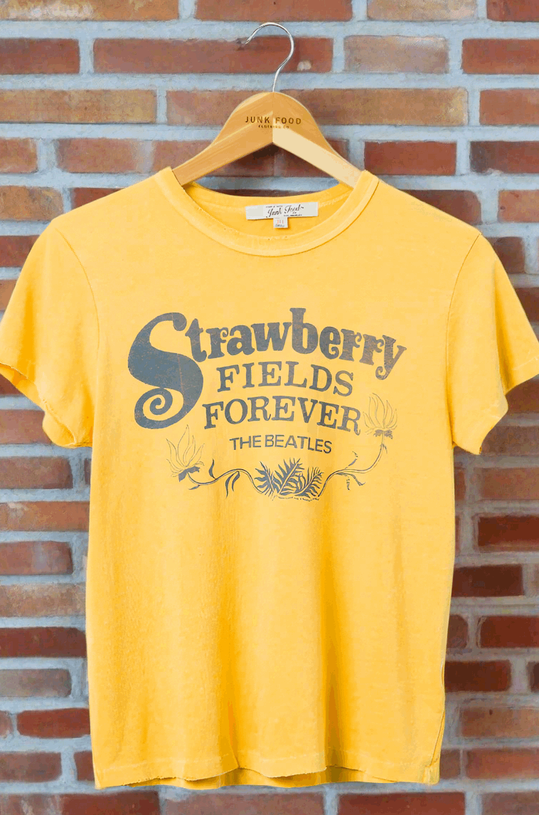 Junk Food Strawberry Fields The Beatles T-Shirt as seen on Sabrina Carpenter T-Shirt by Junk Food as seen on celebrities