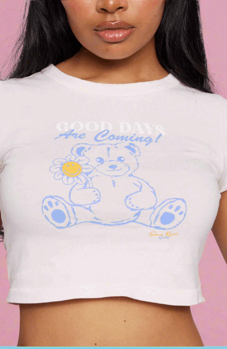 Samii Ryan x Smileyworld® Good Days Baby Tee T-Shirt by Samii Ryan as seen on celebrities