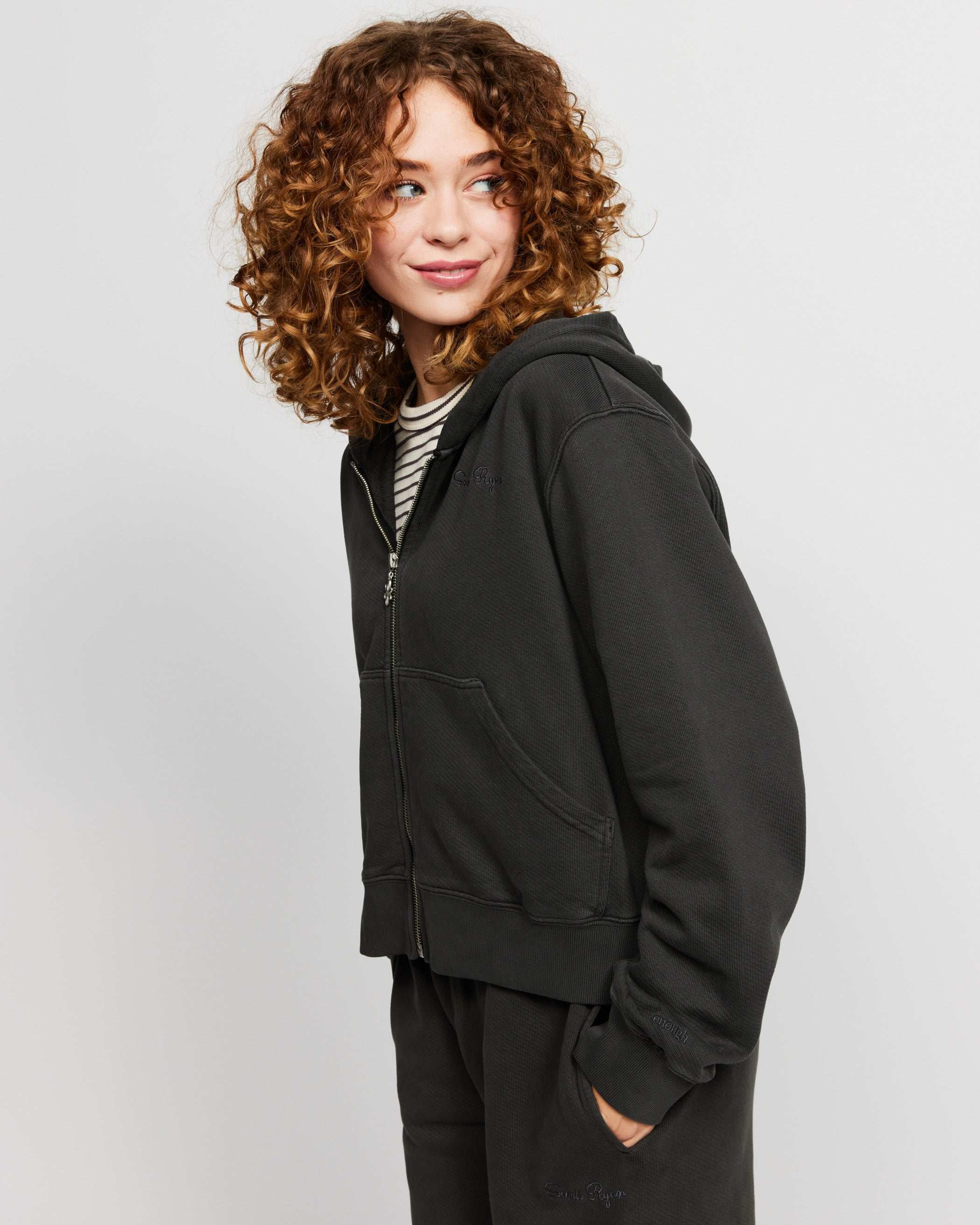 Samii Ryan Black Stone Wash Zip-Up Hoodie Hooded Sweatshirt by Samii Ryan as seen on celebrities