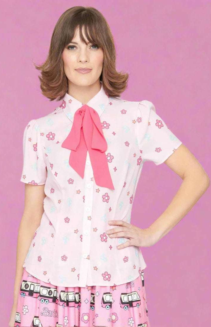 Barbie X Unique Vintage 1970s Pink Barbie Floral Print Bow Blouse Blouse by Unique Vintage as seen on celebrities