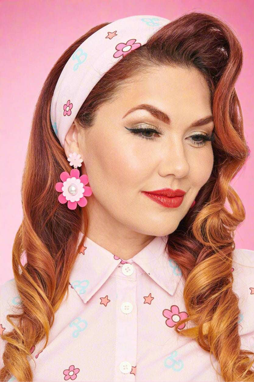 Barbie X Unique Vintage 1970s Pink Barbie Print Hair Scarf Scarf by Unique Vintage as seen on celebrities