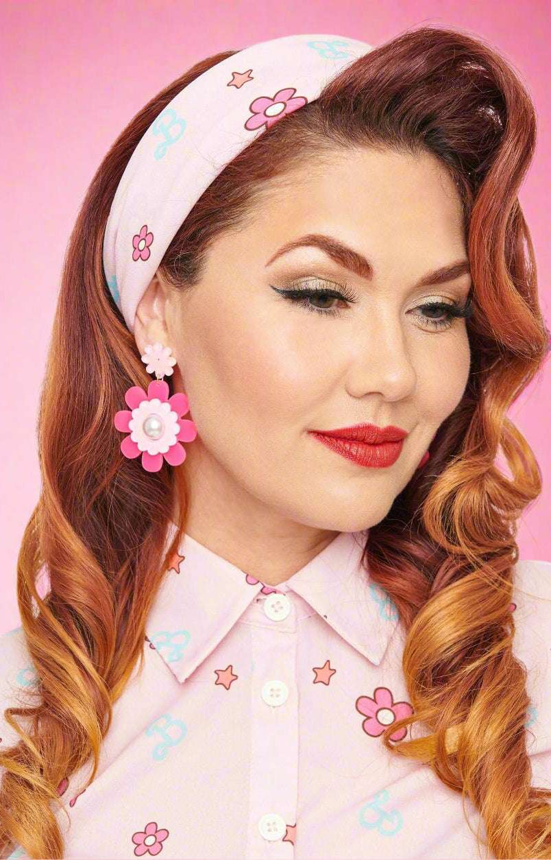 Barbie X Unique Vintage 1970s Pink Barbie Print Hair Scarf Scarf by Unique Vintage as seen on celebrities