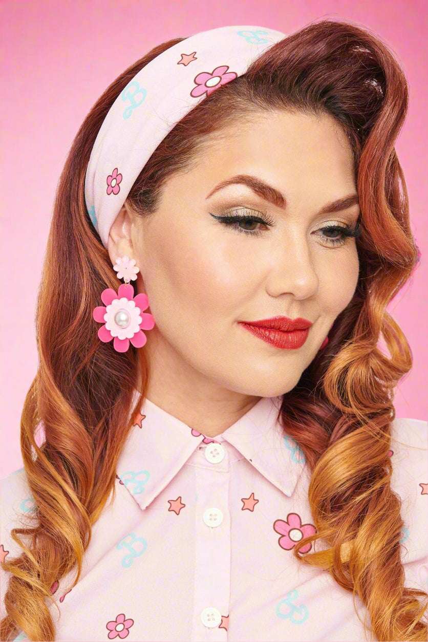 Barbie X Unique Vintage 1970s Pink Barbie Print Hair Scarf Scarf by Unique Vintage as seen on celebrities