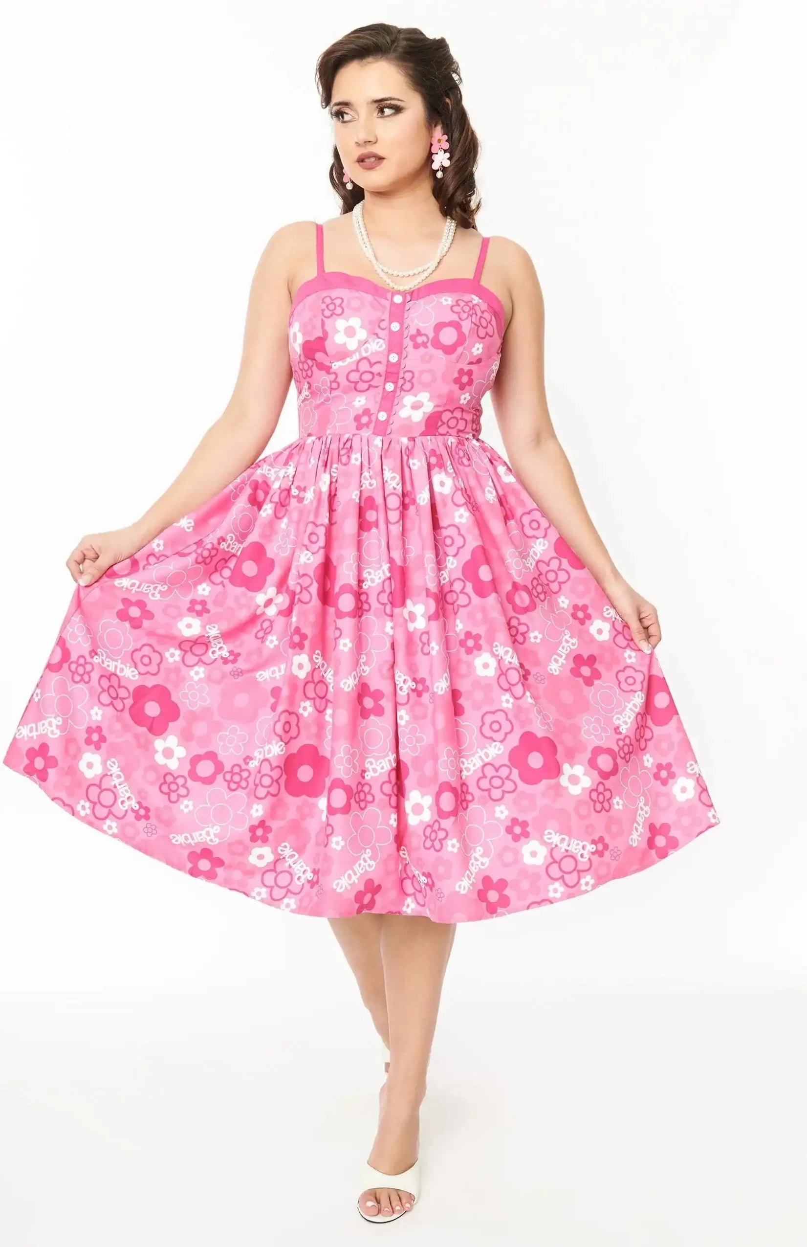Barbie X Unique Vintage Pink Barbie Print Swing Dress Dress by Unique Vintage as seen on celebrities
