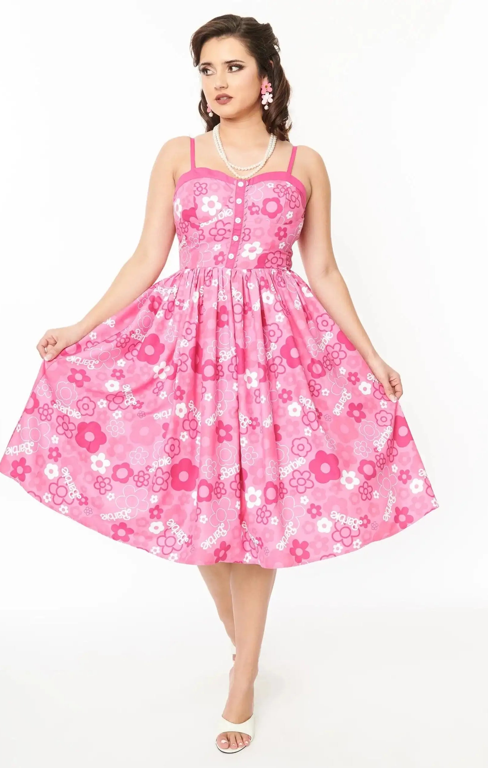 Barbie X Unique Vintage Pink Barbie Print Swing Dress Dress by Unique Vintage as seen on celebrities