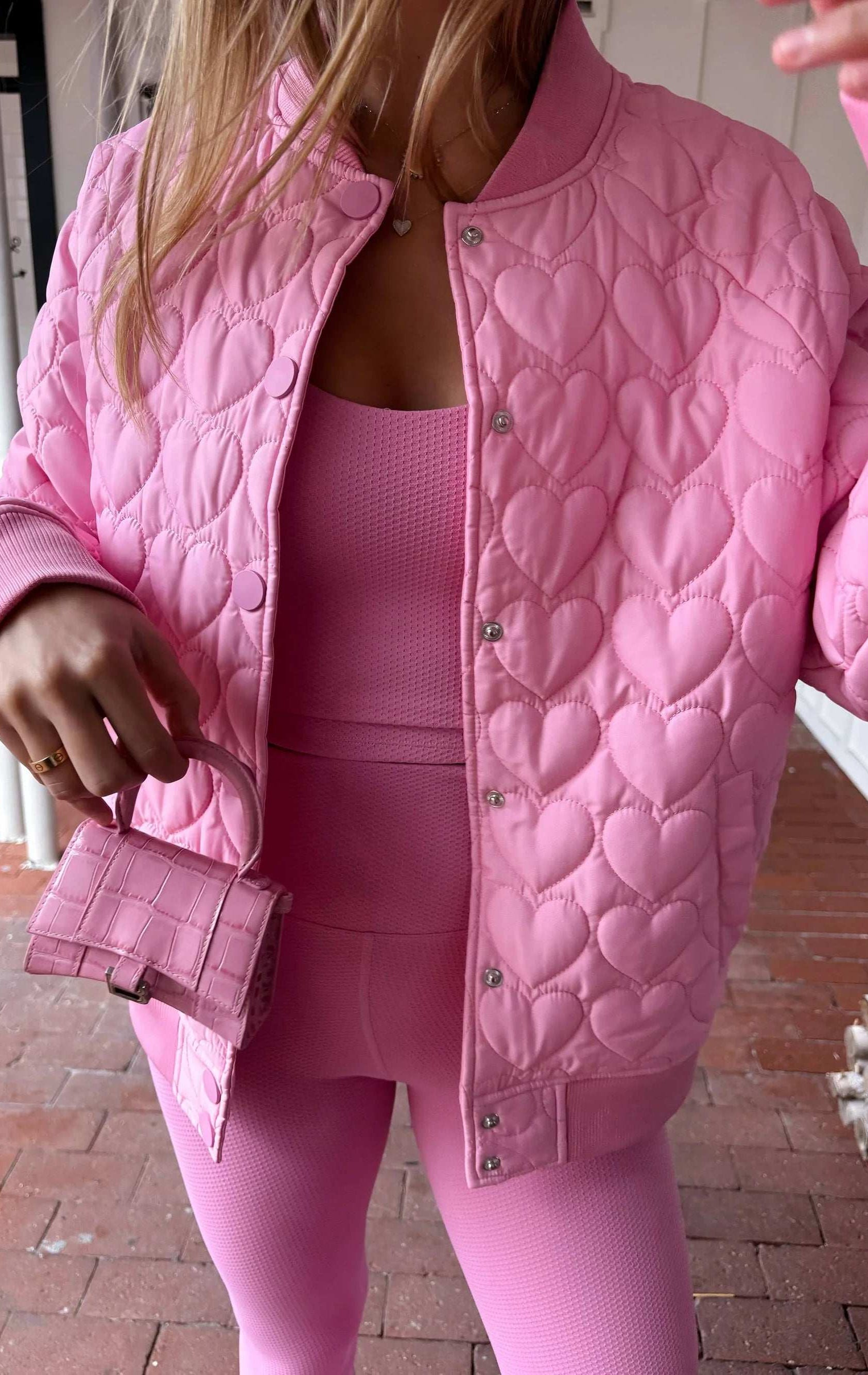 Beach Riot Flight Jacket Prism Pink Heart Jacket by Beach Riot as seen on celebrities