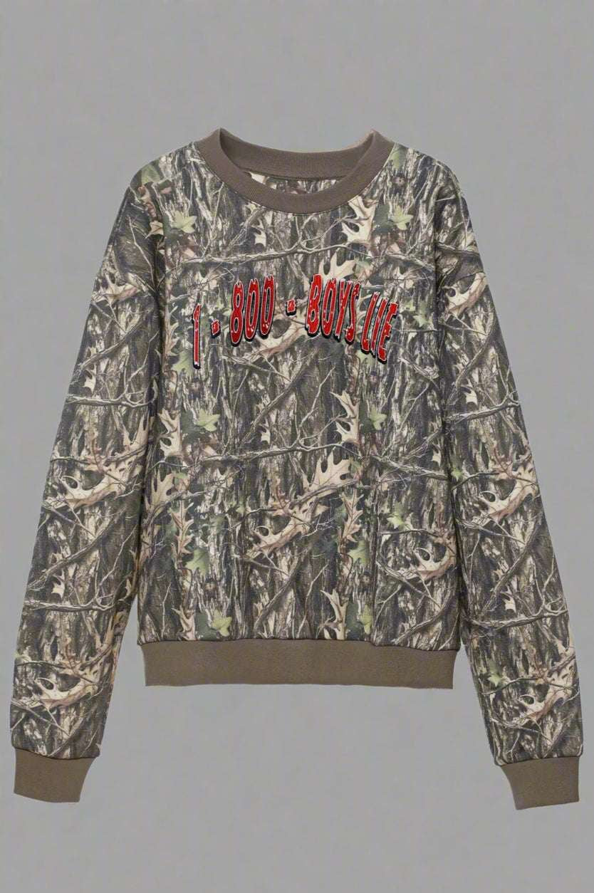 Camouflage sweatshirt with red text on a white background