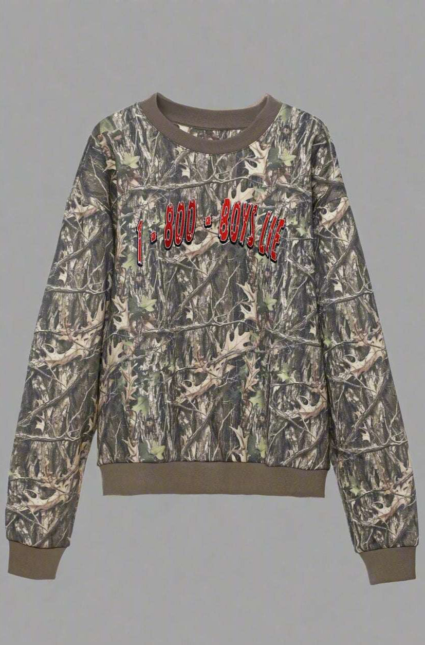 Camouflage sweatshirt with red text on a white background