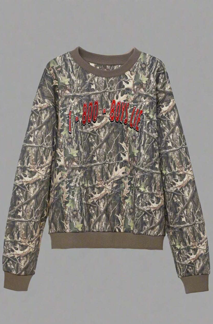 Camouflage sweatshirt with red text on a white background