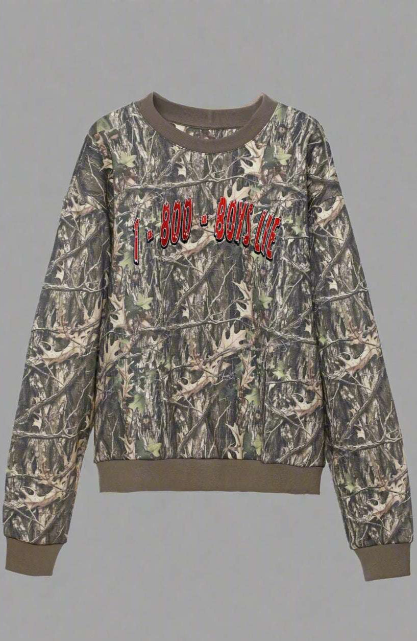 Camouflage sweatshirt with red text on a white background