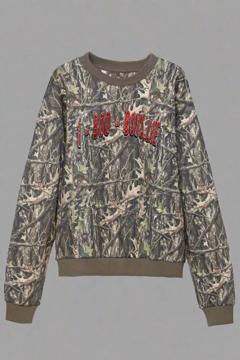 Camouflage sweatshirt with red text on a white background