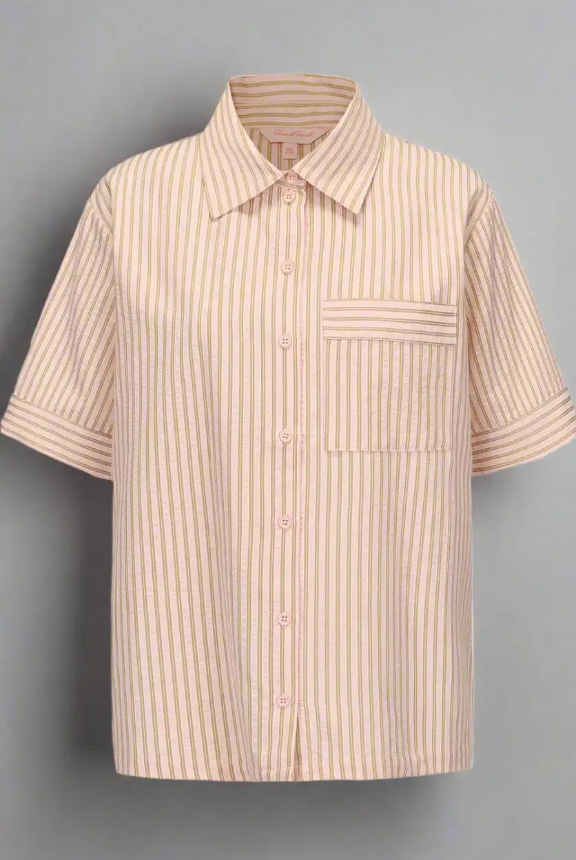 Beige striped short-sleeve shirt on a light gray background