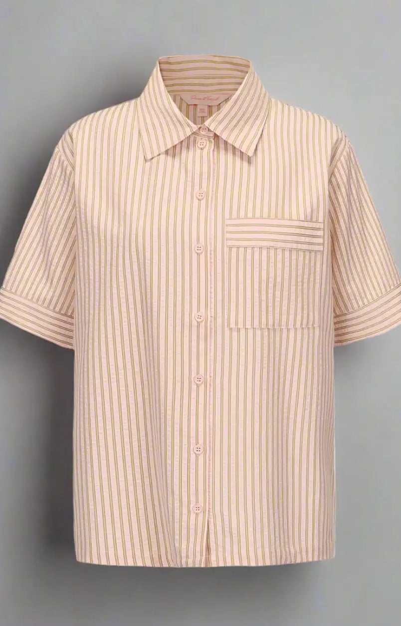 Beige striped short-sleeve shirt on a light gray background