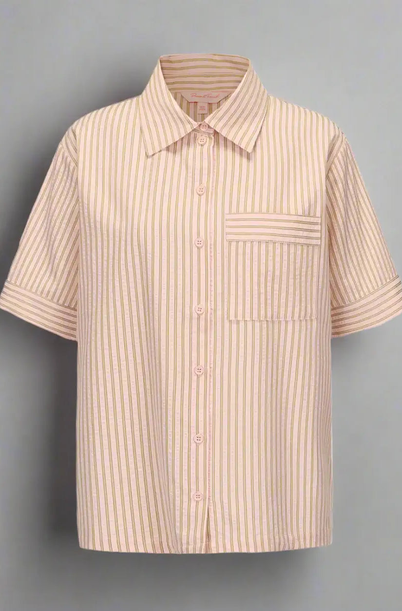Beige striped short-sleeve shirt on a light gray background