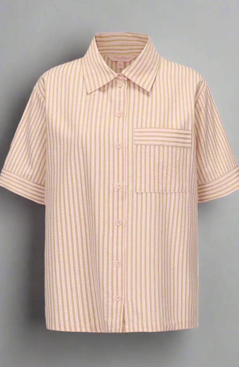 Beige striped short-sleeve shirt on a light gray background