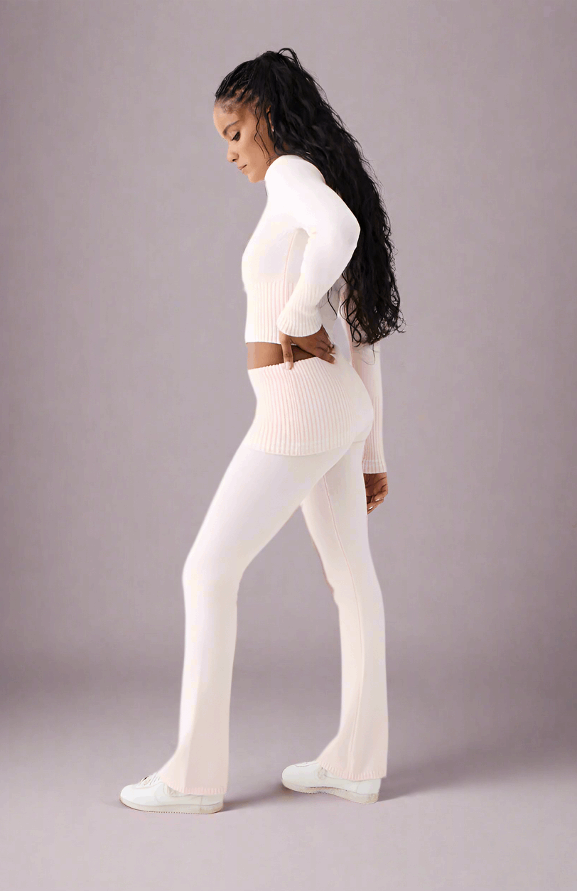 Frankies Bikinis Aimee Cloud Knit Flare Pant in Rosebud Pink Trousers by Frankies Bikinis as seen on celebrities