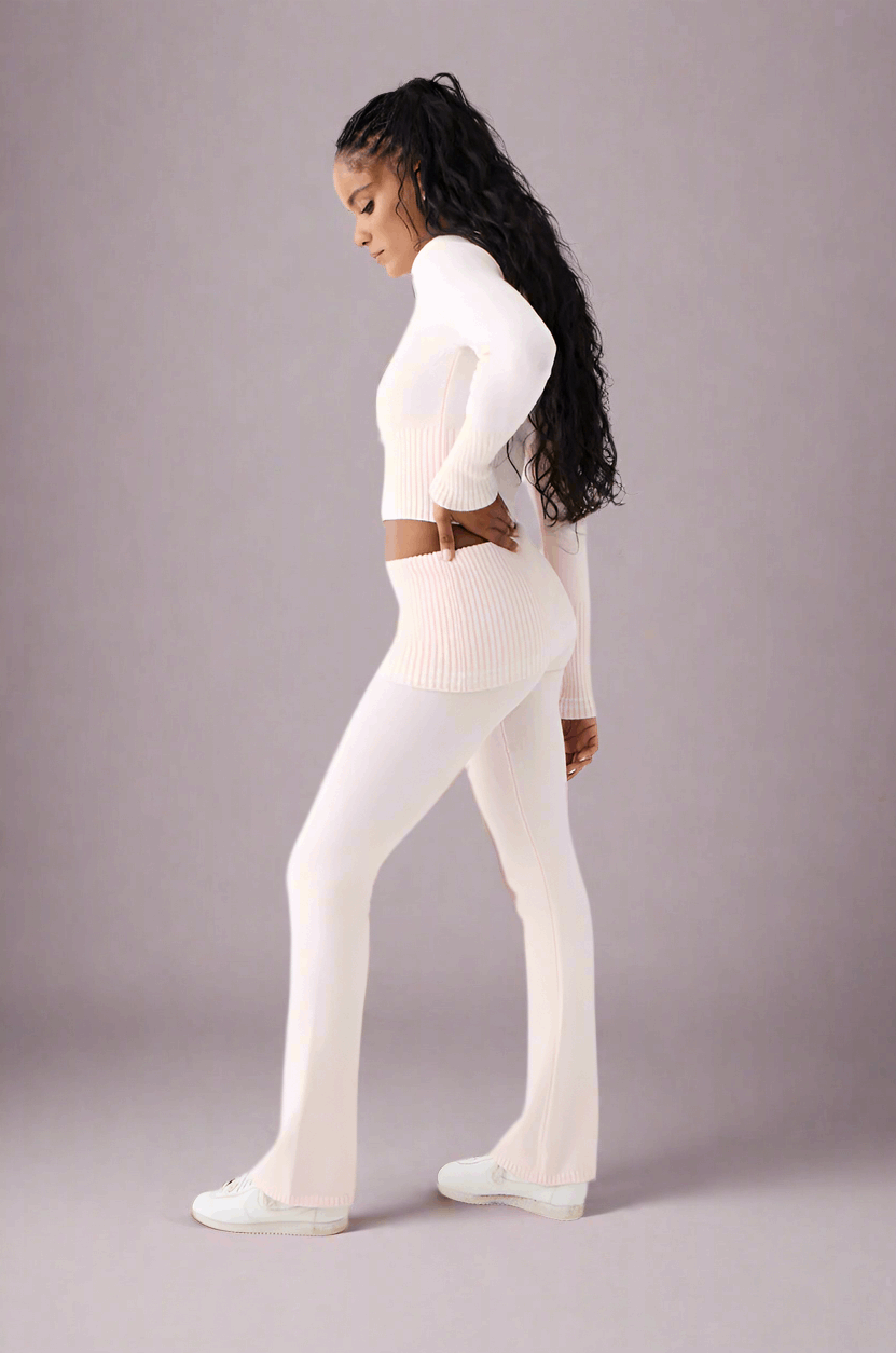 Frankies Bikinis Aimee Cloud Knit Flare Pant in Rosebud Pink Trousers by Frankies Bikinis as seen on celebrities