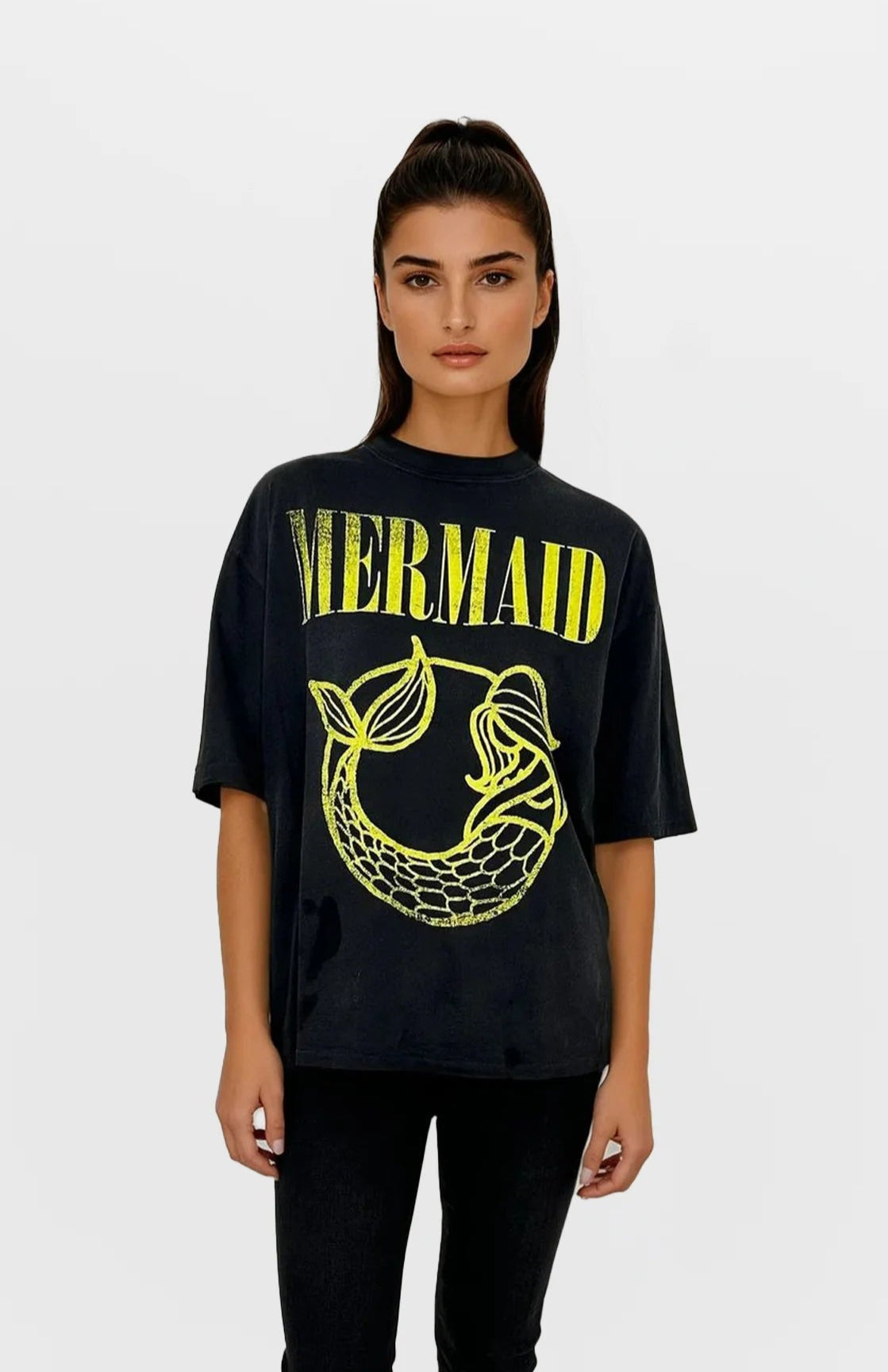 Woman wearing a black t-shirt with 'Mermaid' and a mermaid logo design on a white background