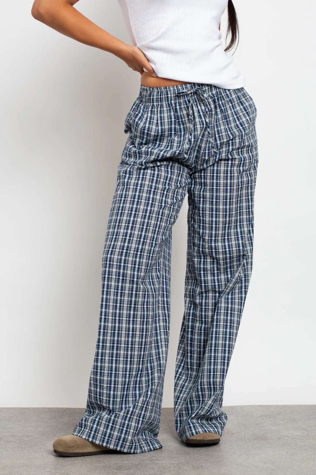 Daisy Street Check Wide Leg Trouser with Drawcord Waist Jogger Bottoms by Daisy Street as seen on celebrities