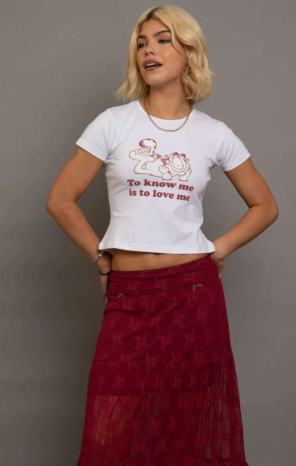 Daisy Street Garfield To Know Me Baby Tee T-Shirts by Daisy Street as seen on celebrities