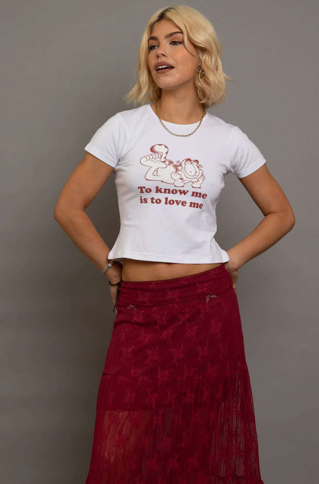 Daisy Street Garfield To Know Me Baby Tee T-Shirts by Daisy Street as seen on celebrities