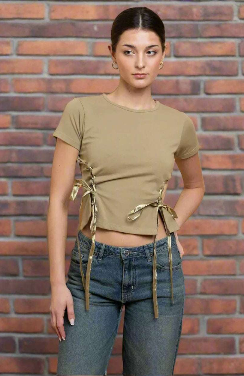 Daisy Street Lace Up Detail Baby Tee T-Shirts by Daisy Street as seen on celebrities