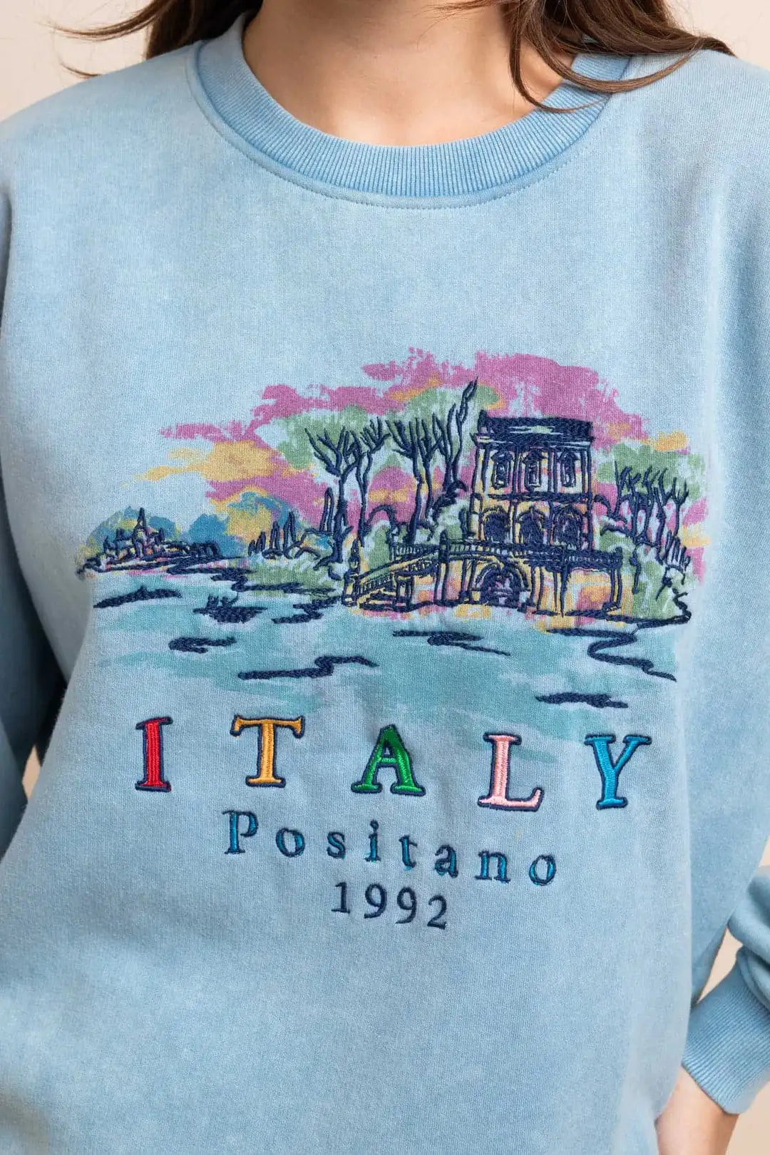 Daisy Street Positano Italy Embroidered Sweater Hoodie by Daisy Street as seen on celebrities