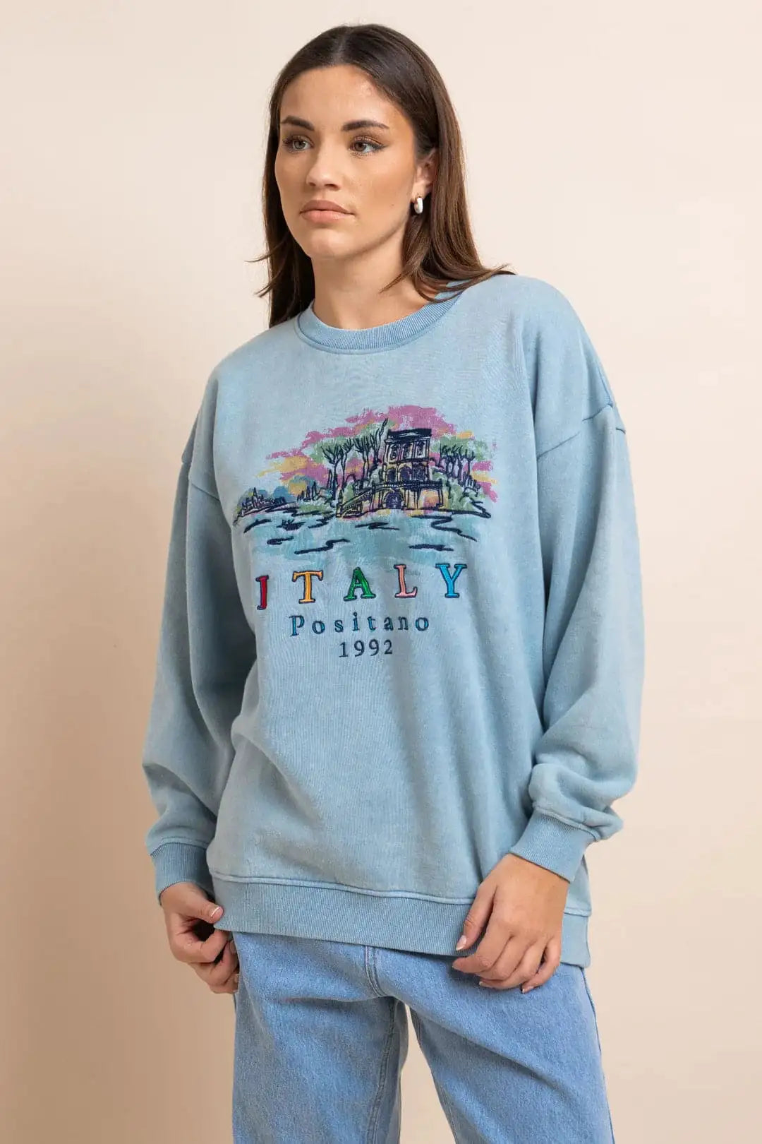 Daisy Street Positano Italy Embroidered Sweater Hoodie by Daisy Street as seen on celebrities