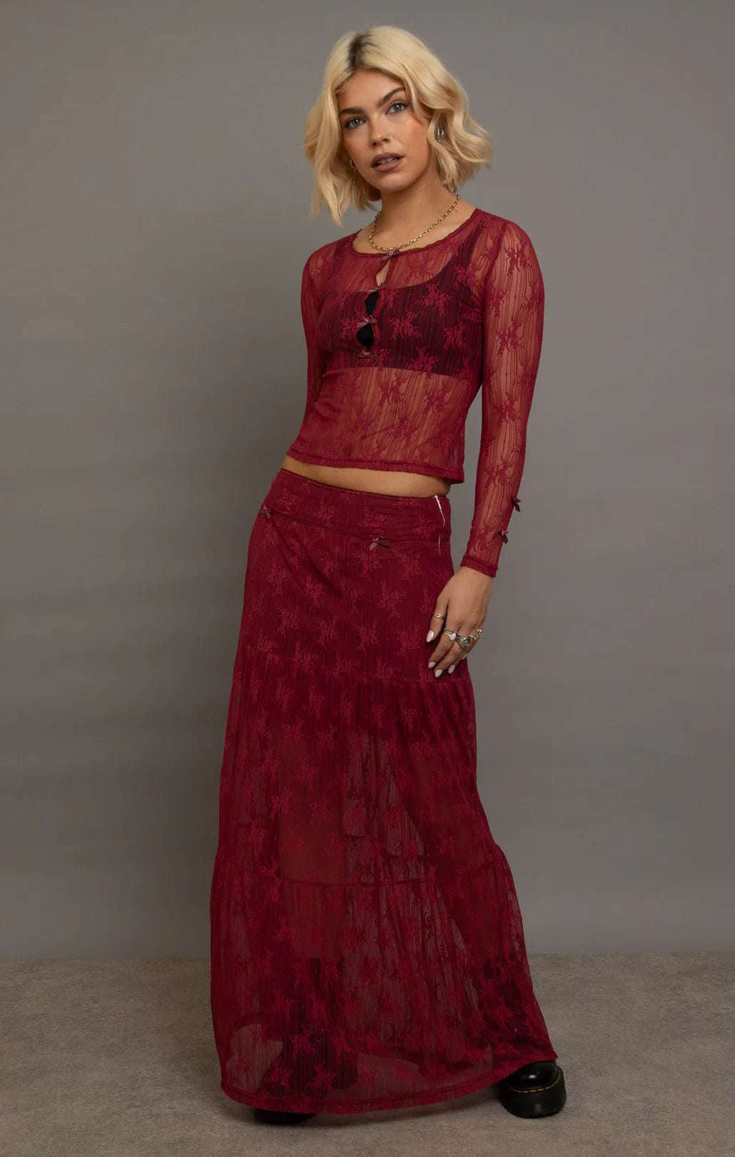 Daisy Street Red Lace Maxi Skirt with Bows Maxi Skirt by Daisy Street as seen on celebrities