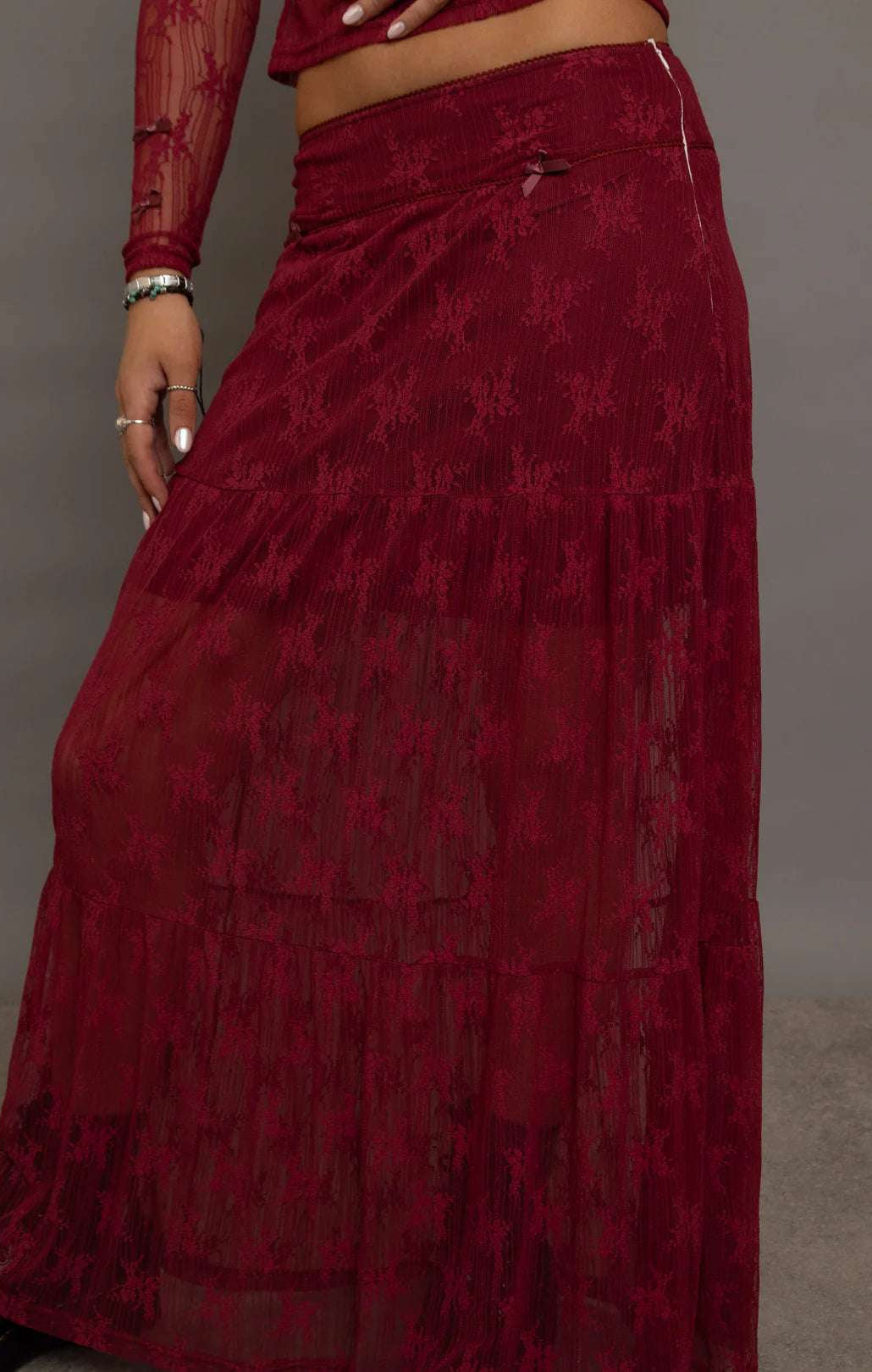 Daisy Street Red Lace Maxi Skirt with Bows Maxi Skirt by Daisy Street as seen on celebrities