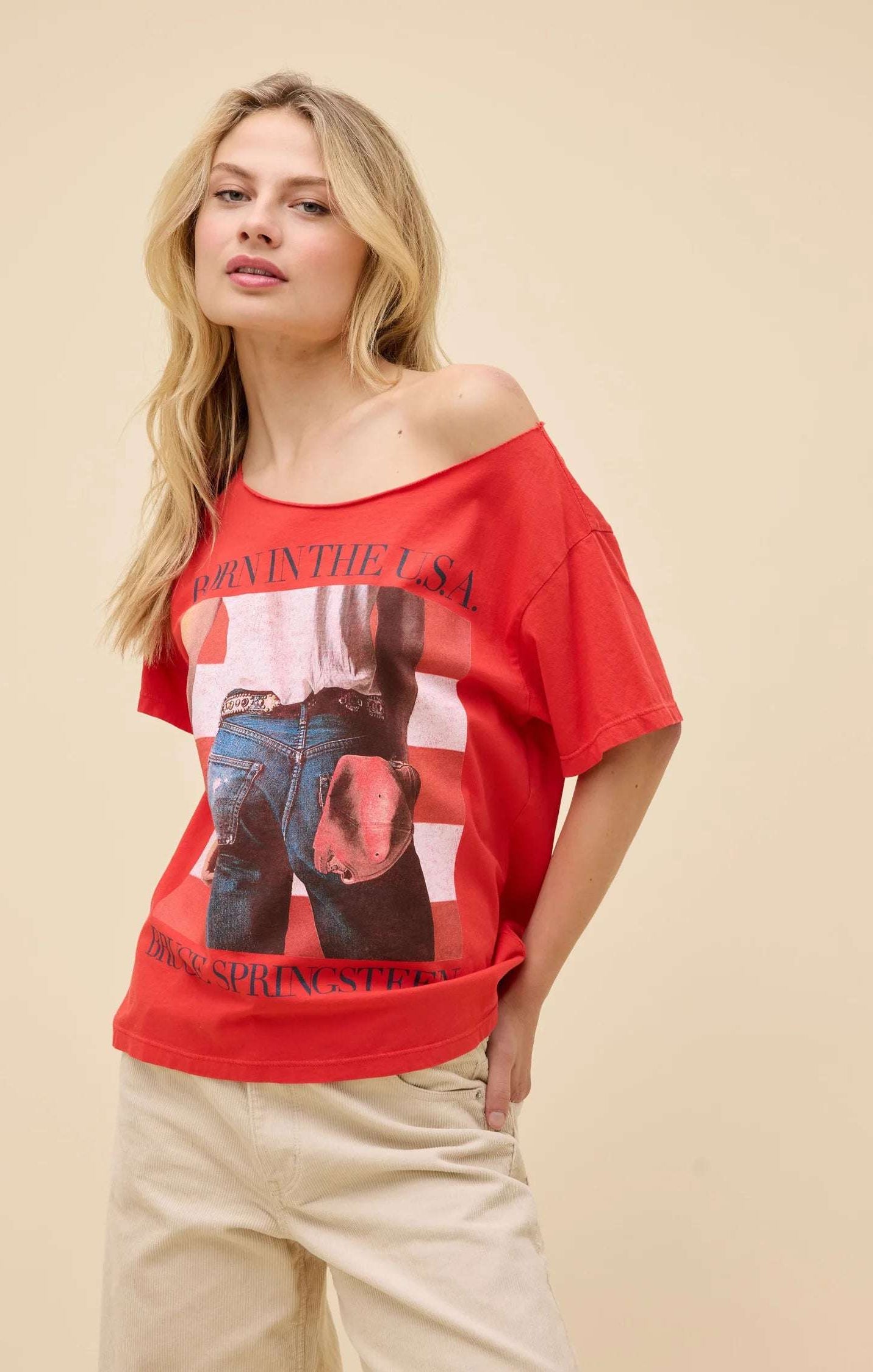 Daydreamer LA Bruce Springsteen Americana Off The Shoulder Tee T-Shirt by Daydreamer LA as seen on celebrities