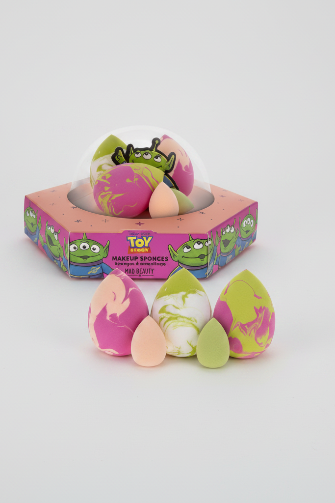 Makeup sponges with colorful designs in a 'Toy Story' themed box on a light gray background
