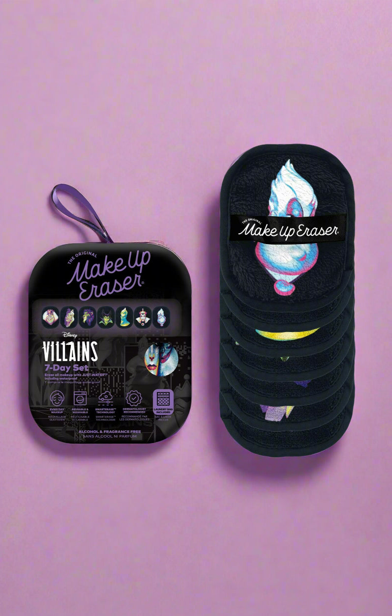 Make-up eraser with packaging featuring Disney Villains design on a white background