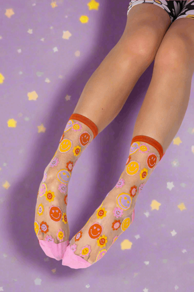 Sock Candy Smiley Face Daisy Sheer Crew Socks Socks by Sock Candy as seen on celebrities