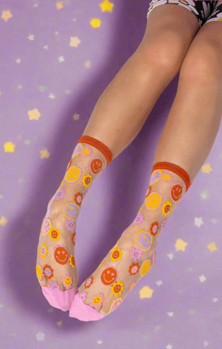 Sock Candy Smiley Face Daisy Sheer Crew Socks Socks by Sock Candy as seen on celebrities