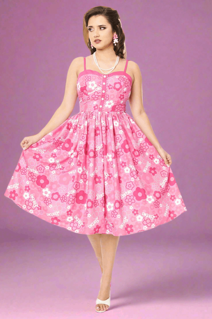 Barbie X Unique Vintage Pink Barbie Print Swing Dress Dress by Unique Vintage as seen on celebrities