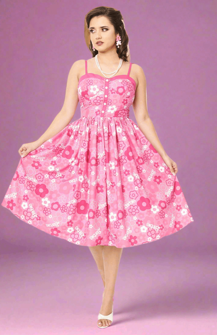 Barbie X Unique Vintage Pink Barbie Print Swing Dress Dress by Unique Vintage as seen on celebrities