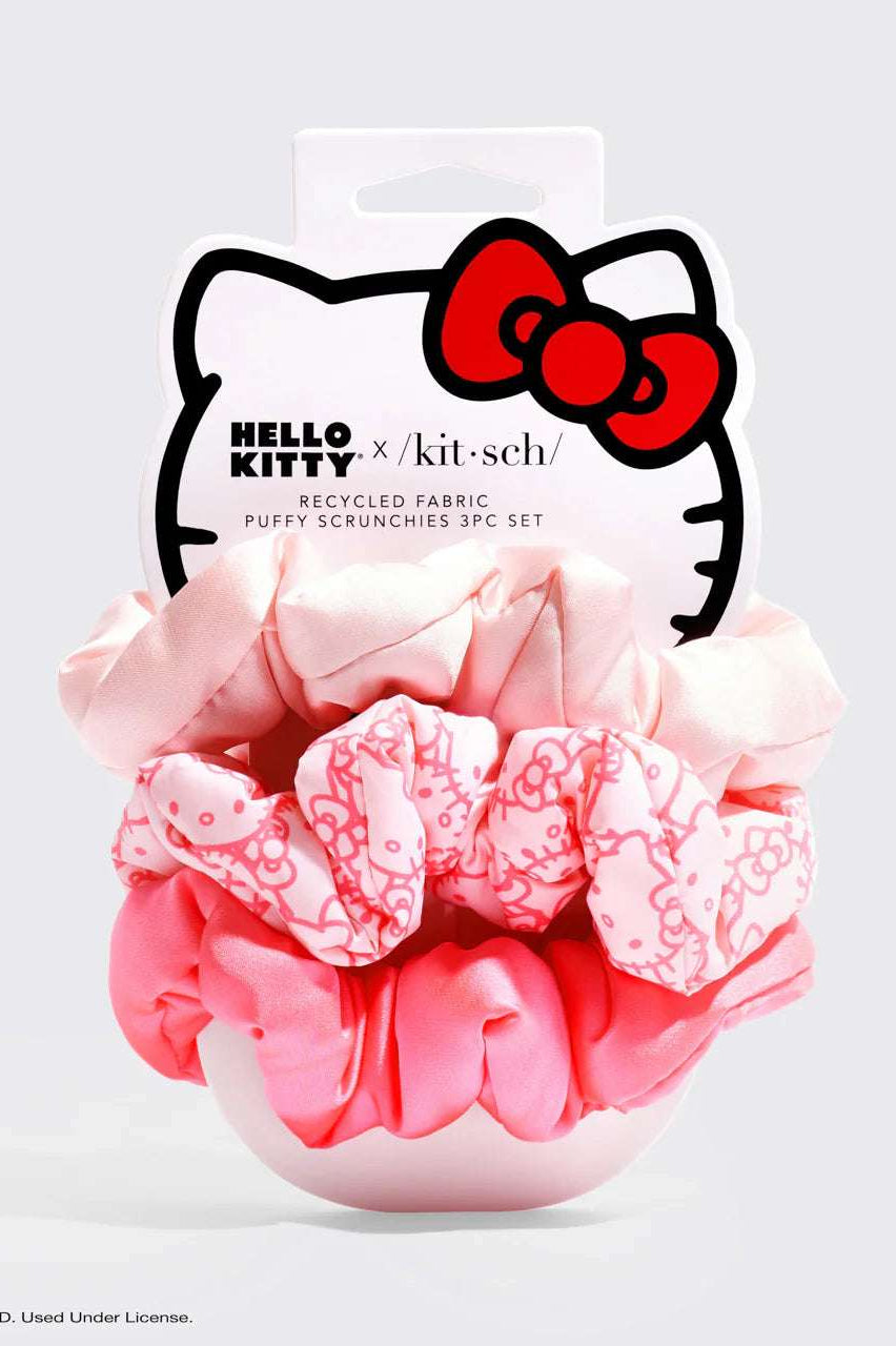 Hello Kitty x Kitsch Recycled Fabric Puffy Scrunchies 3pc Set Hair Band by Kitsch as seen on celebrities