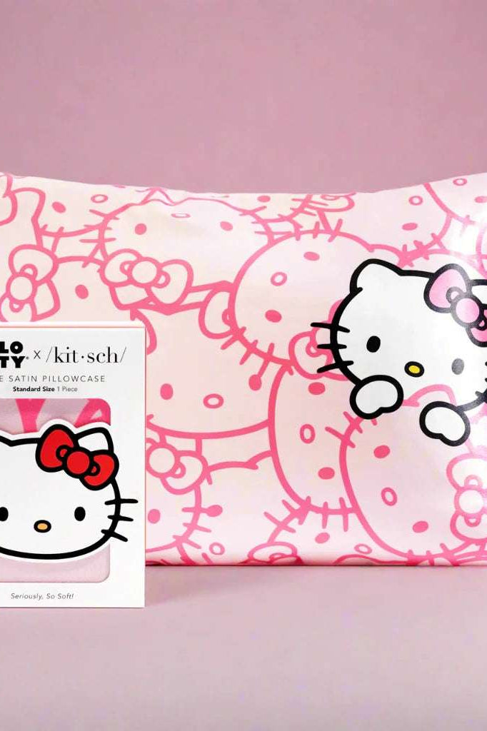 Hello Kitty x Kitsch Satin Pillowcase - Pink Hello Kitty Faces Pillow by Kitsch as seen on celebrities