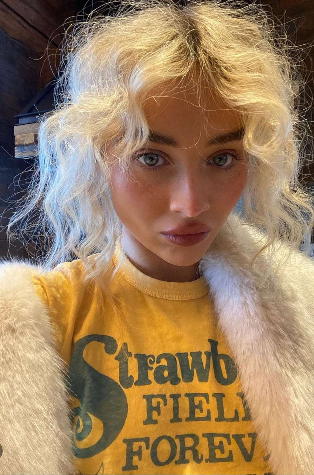 Junk Food Strawberry Fields The Beatles T-Shirt as seen on Sabrina Carpenter T-Shirt by Junk Food as seen on celebrities