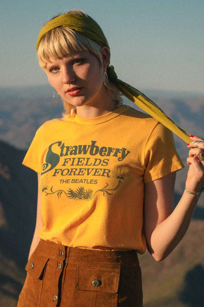 Junk Food Strawberry Fields The Beatles T-Shirt as seen on Sabrina Carpenter T-Shirt by Junk Food as seen on celebrities