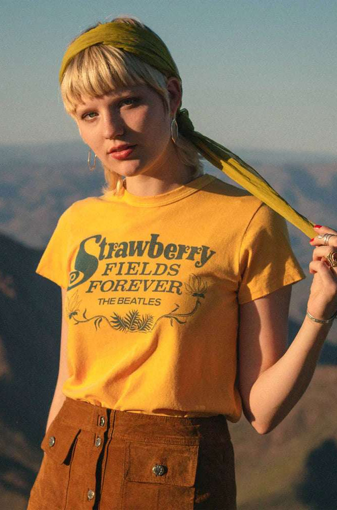 Junk Food Strawberry Fields The Beatles T-Shirt as seen on Sabrina Carpenter T-Shirt by Junk Food as seen on celebrities