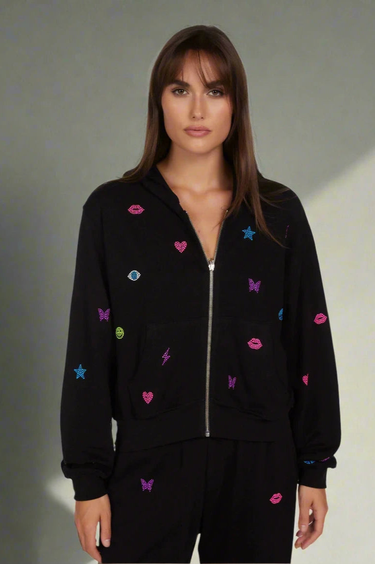 Lauren Moshi Lachelle Neon Stud Elements Zipper Hoodie Zip Up Hoodie by Lauren Moshi as seen on celebrities