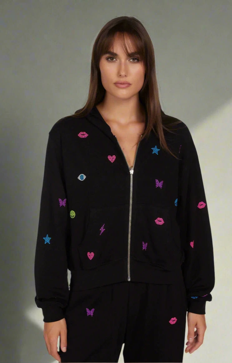 Lauren Moshi Lachelle Neon Stud Elements Zipper Hoodie Zip Up Hoodie by Lauren Moshi as seen on celebrities